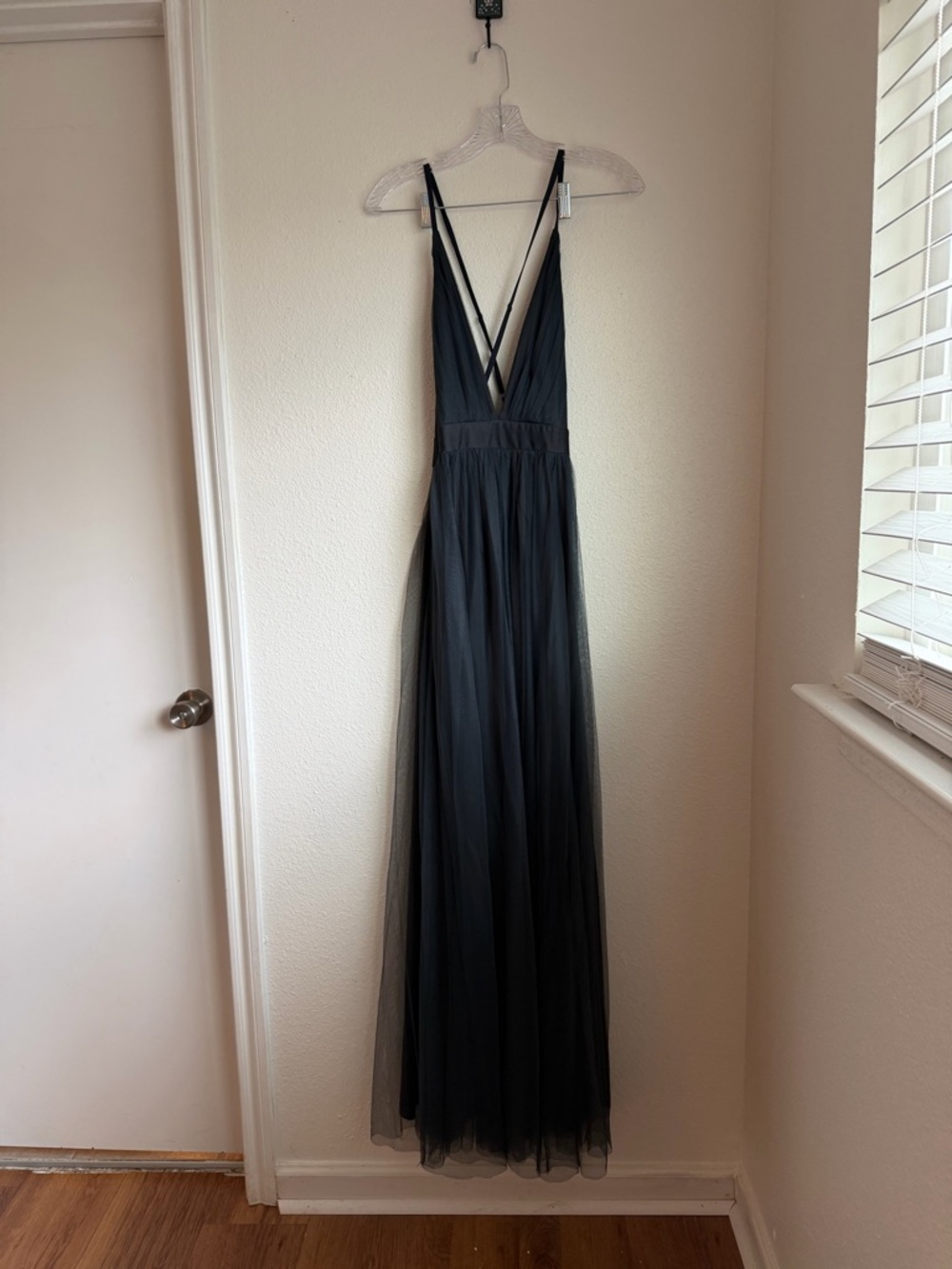 Dark Gray Tulle V-Neck Maxi Bridesmaid Dress